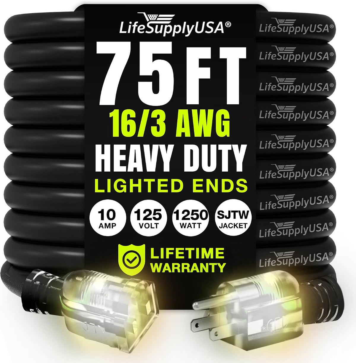 75ft Outdoor/Indoor Extension Cord 16/3 Gauge Heavy Duty 3 Prong SJTW,