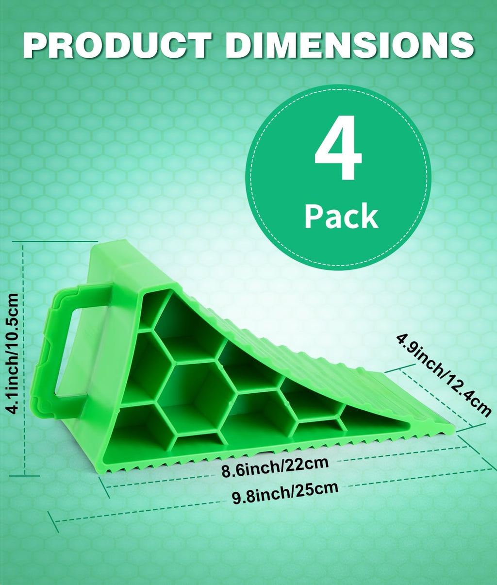 PAHTTO Wheel Chocks 4 Pack, RV Chocks with Handles for RV Trailer Camper Car Truck, Wheel Block Stopper for Tire, Strong RV Wheel Chocks Hexagonal Honeycomb Structure, RV Trailer Accessories, Green