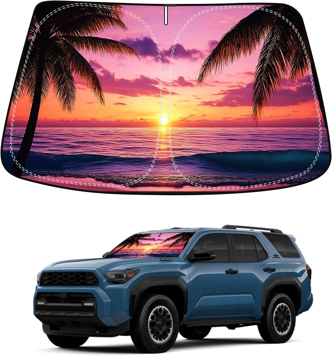 Sunset Beach Car Windshield Sun Shade Compatible with Toyota 4Runner 2010-2024 2025, Foldable Reflective Window Sunshade for UV Protection & Heat Reduction