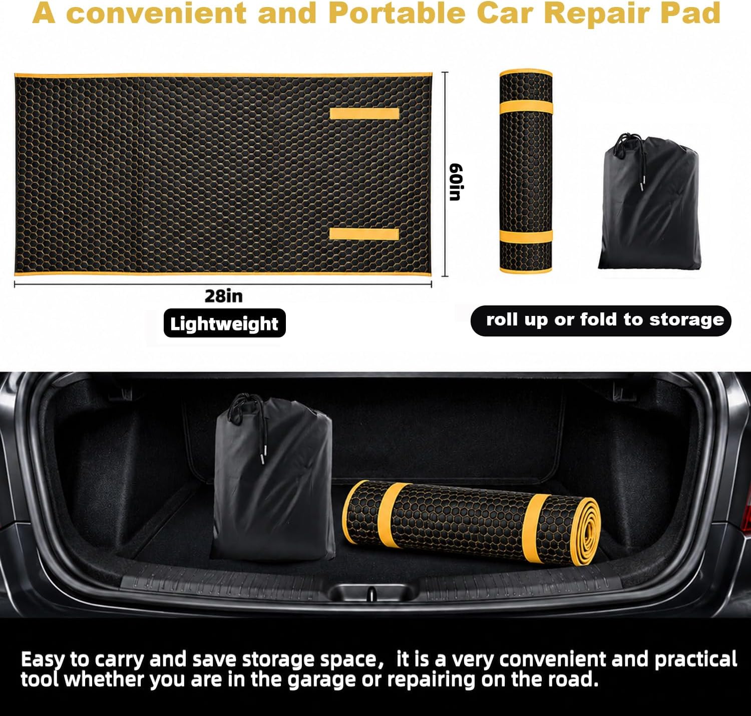 SUNCARACCL Upgrade Magic Rolling Creeper Mat, Under Car Repair Pad, 60x28 Inch Mechanics Mat for Low Clearance, Automotive Creeper Mat with Portable Storage Bag, Working on Uneven Road (Yellow)