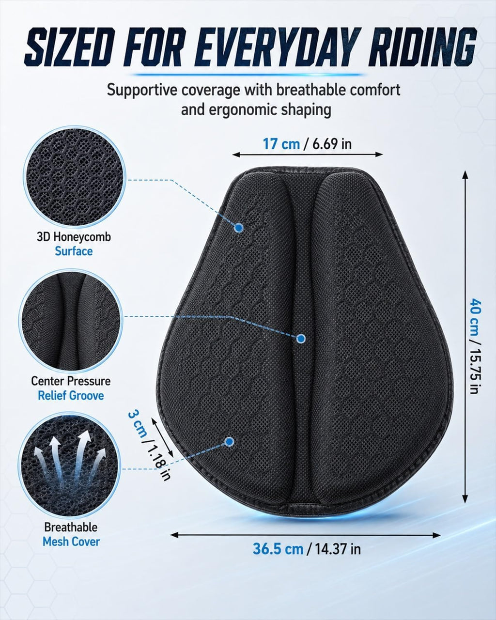 Motorcycle Seat Cushion Gel Pad Passenger Breathable Shock Absorption Waterproof 3D Honeycomb Rider Universal Long Rides Touring Comfort Anti Slip Pressure Relief Soft Durable Cover(Style A)