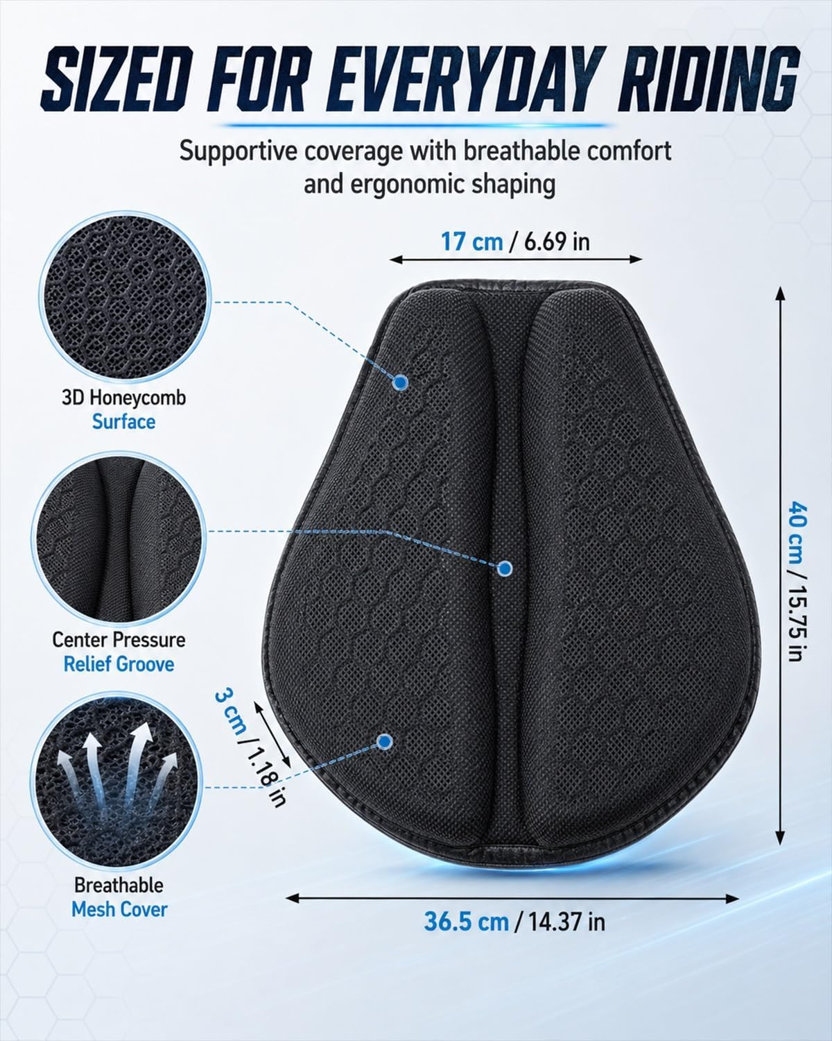 Motorcycle Seat Cushion Gel Pad Passenger Breathable Shock Absorption Waterproof 3D Honeycomb Rider Universal Long Rides Touring Comfort Anti Slip Pressure Relief Soft Durable Cover(Style A)