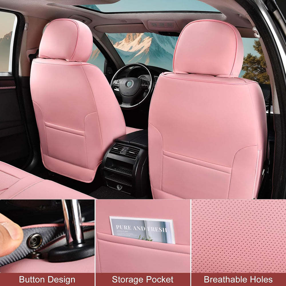 TIEHESYT Pink Car Seat Covers Full Set, Breathable Leather Automotive Front a...