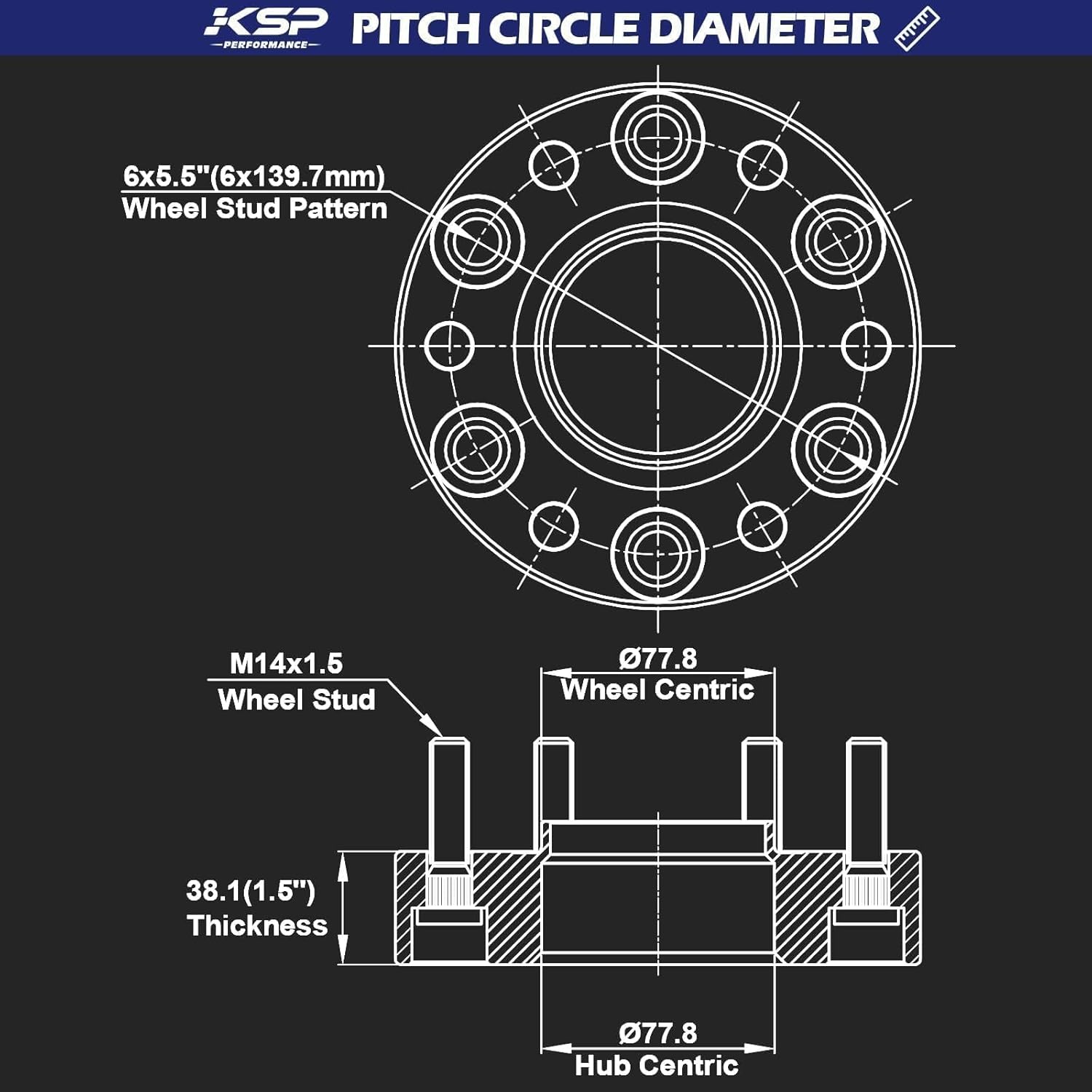 KSP 1.5in Wheel Spacers for Ram 1500 2019-2026, 38mm 6x5.5 Hubcentric Tire Spacer with 77.8mm Hub Bore M14x1.5 Lug Studs Fit Jeep Grand Wagoneer 2021-2026, 4pcs 6x139.7 Forged Spacer for 6 Lug Truck