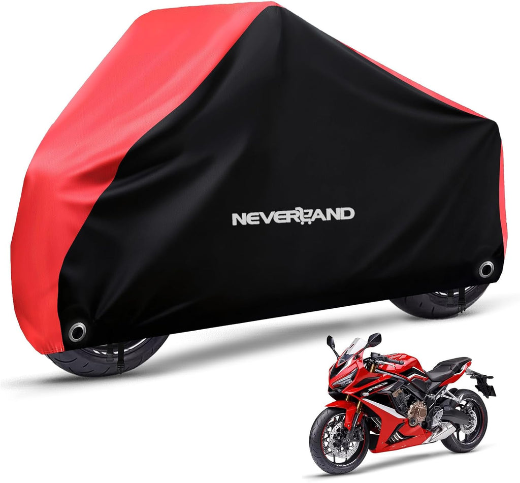 NEVERLAND Motorcycle Cover Waterproof Outdoor - All Season Scooter Covers Heavy Duty with 2 Lock-Holes, Bandage & Storage Bag Fits Most Motorcycles, Scooters, Dirt Bikes, Sportbikes (Up to 104”)