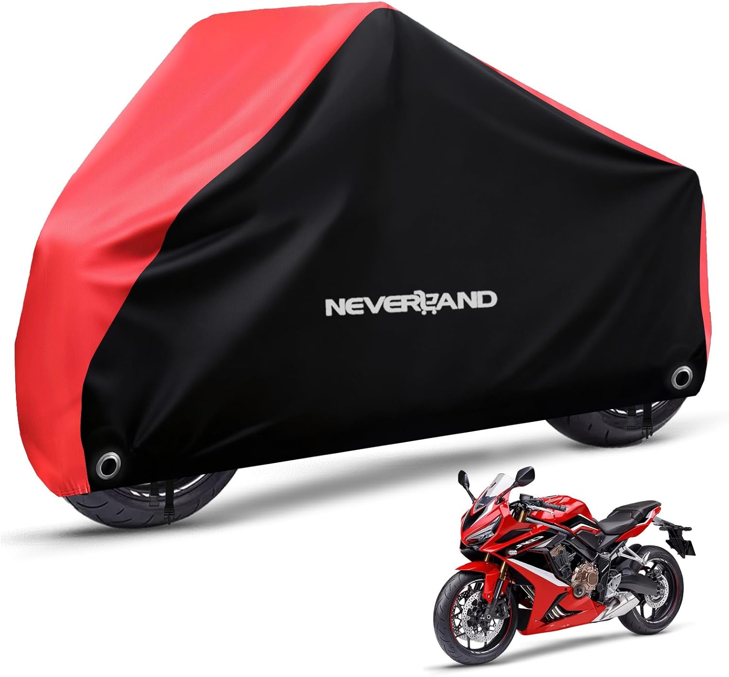 NEVERLAND Motorcycle Cover Waterproof Outdoor - All Season Scooter Covers Heavy Duty with 2 Lock-Holes, Bandage & Storage Bag Fits Most Motorcycles, Scooters, Dirt Bikes, Sportbikes (Up to 104”)