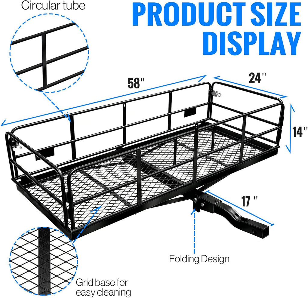 LWTURMRT Trail Hitch Mount Cargo Carrier Basket 58" x 24" x 14" Folding Vehicle Cargo Baskets Fits 2" Receiver with 2" Hitch Stabilizer for SUV can Holder 500LBS (14" high Black+Bag)