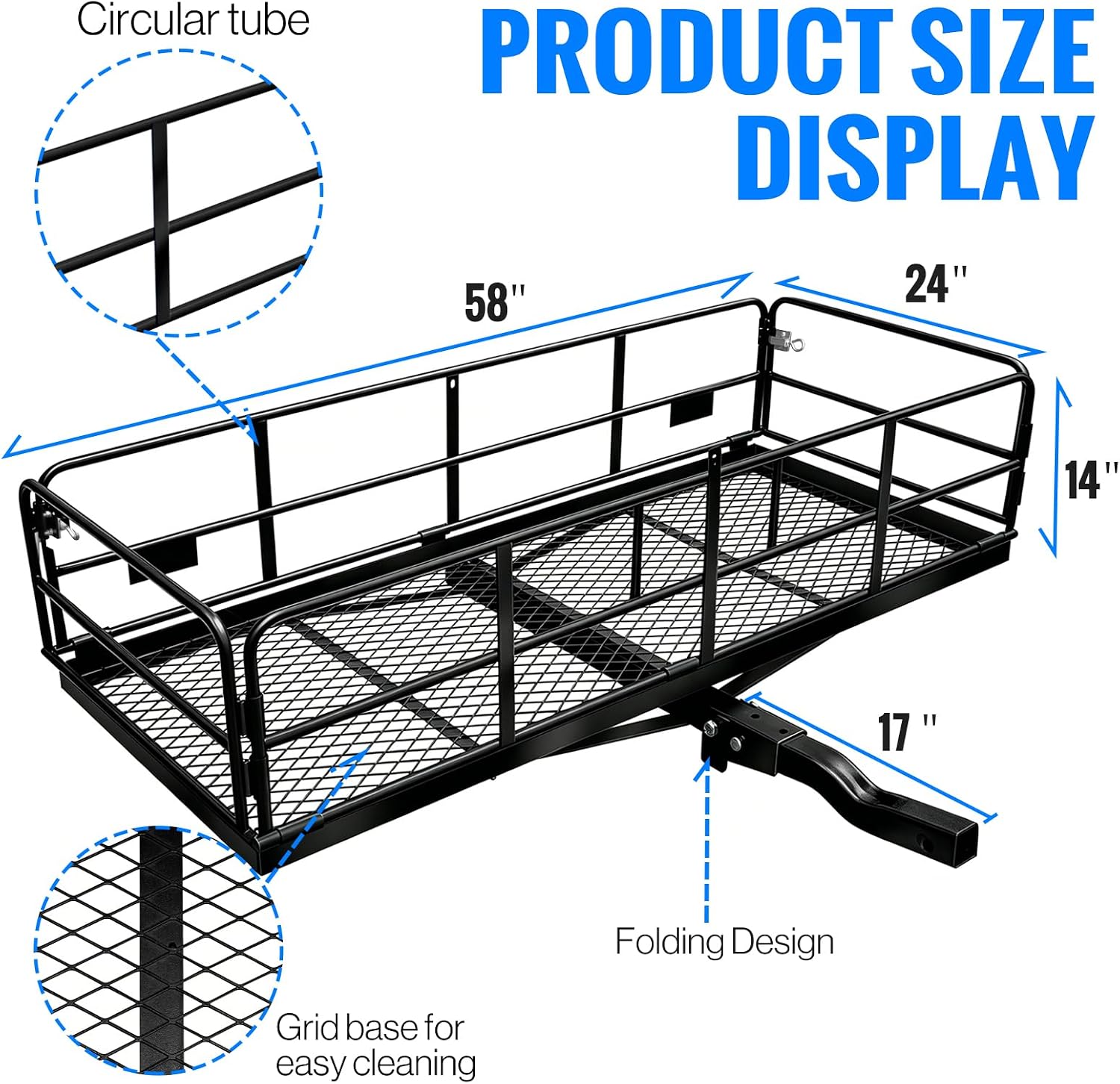 LWTURMRT Trail Hitch Mount Cargo Carrier Basket 58" x 24" x 14" Folding Vehicle Cargo Baskets Fits 2" Receiver with 2" Hitch Stabilizer for SUV can Holder 500LBS (14" high Black+Bag)