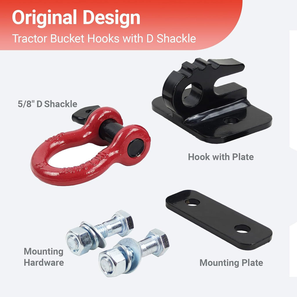3/8 inch Tractor Bucket Grab Hook with 5/8 inch Tie Down D-Shackle | Bolt On Black Coating Max Tow 10000 lbs.