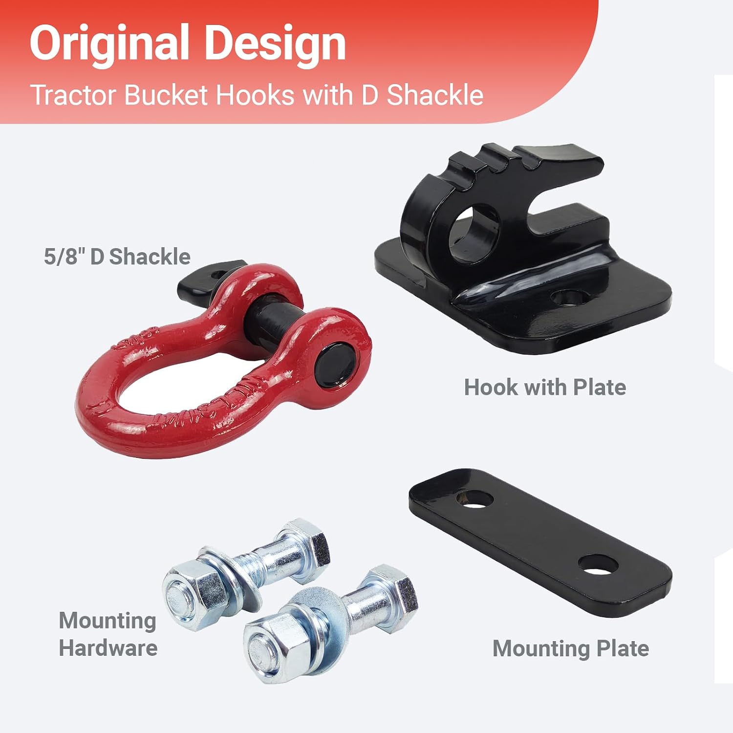 3/8 inch Tractor Bucket Grab Hook with 5/8 inch Tie Down D-Shackle | Bolt On Black Coating Max Tow 10000 lbs.