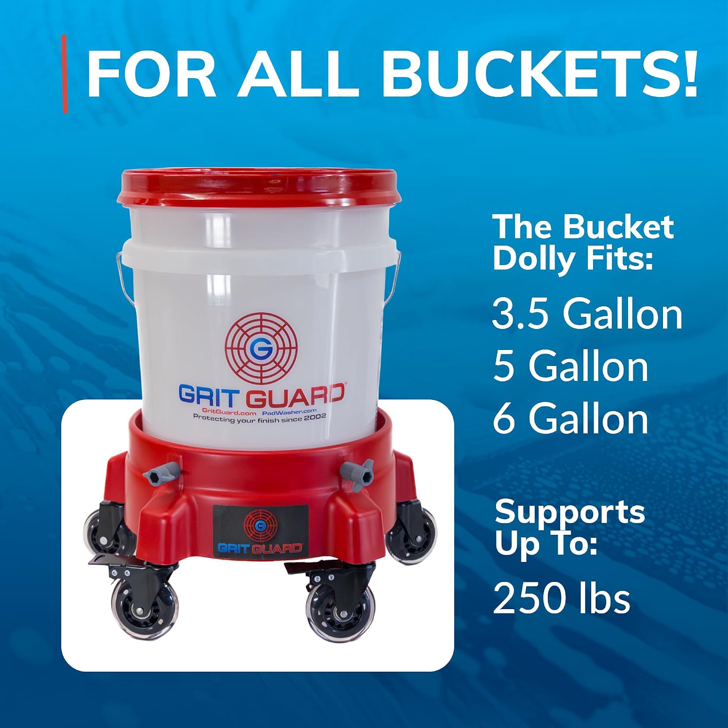 Grit Guard Bucket Dolly with Wheels - Rolling Detailing Wash Bucket with 5 Wheels and 2 Locking Casters Compatible with 2.5, 4, 5 and 6 Gallon Buckets (Red, 3" Roller Bearing) - Made in the USA