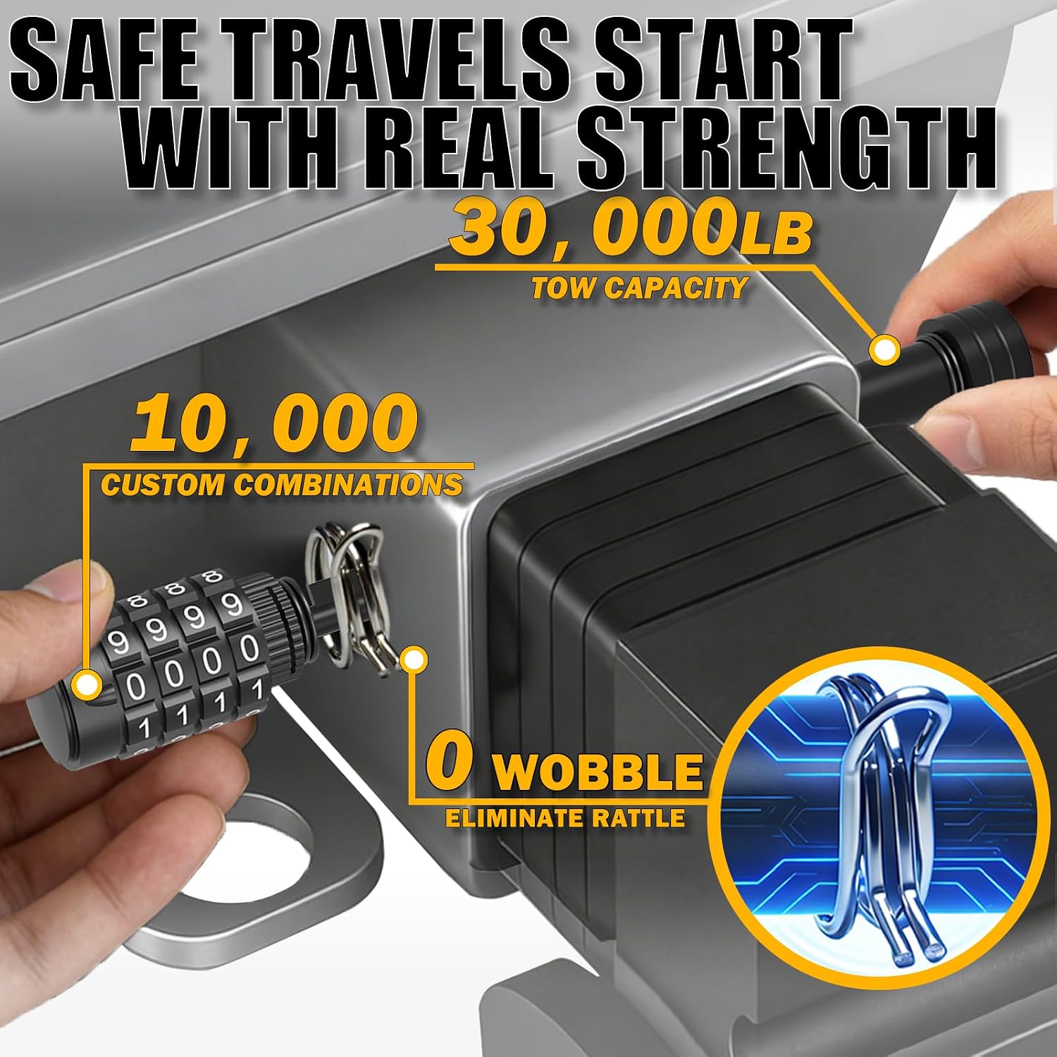Keyless Combination Trailer Hitch Pin Lock for RV, Boat, and Truck - 5/8" Pin with 3.5" Usable Length, 30,000 lbs GTW - Heavy Duty Security Lock for 2" & 2.5" Receivers Class III IV V (Black)