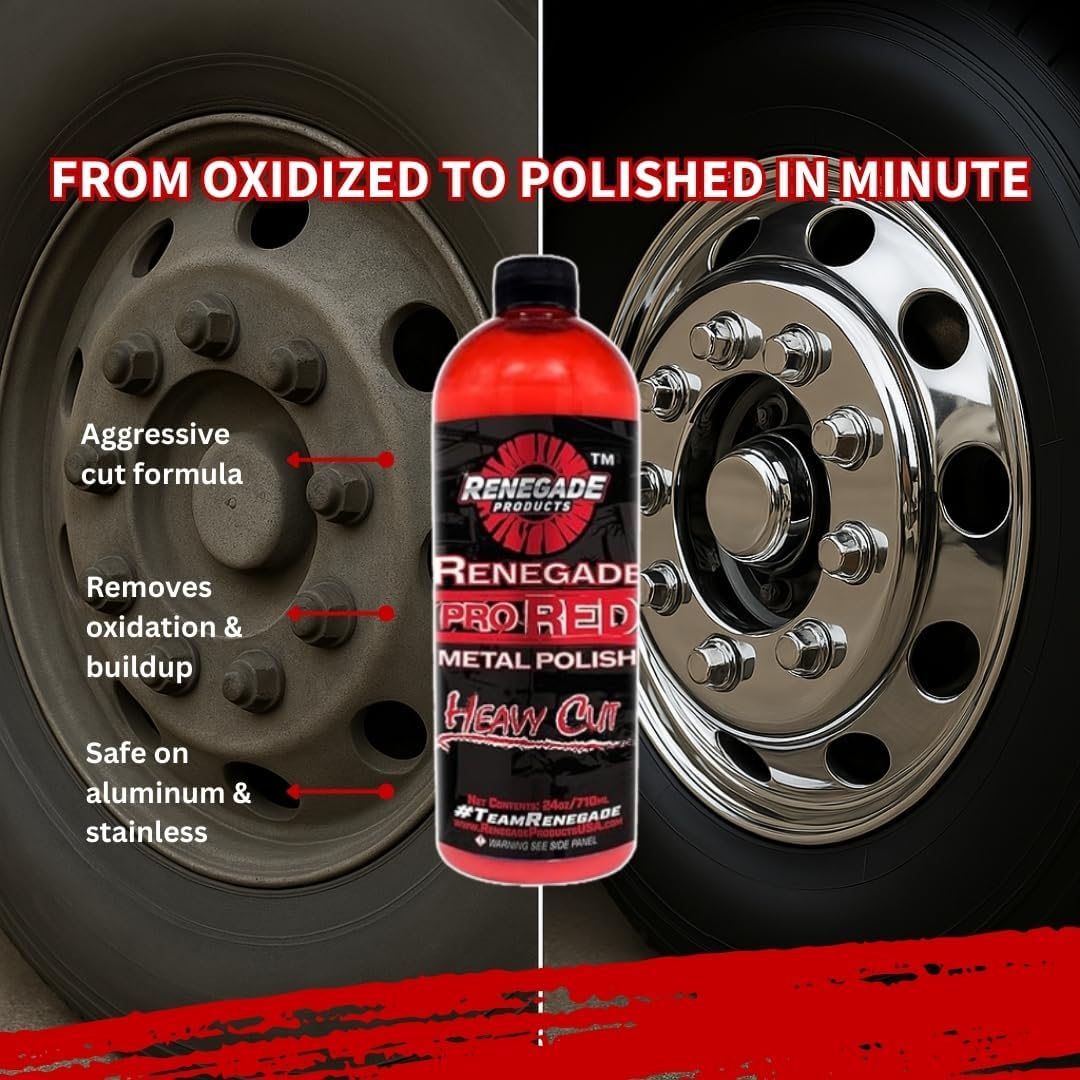 Renegade Products Wheel Window Polishing Bundle – Pro Red Liquid Metal Polish with 1/8" Foam Polishing Cones & Barrels – Drill Attachment Kit for Aluminum & Stainless Steel for Wheels & Tight Spaces