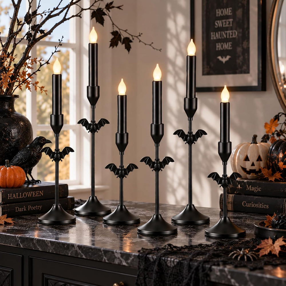Ceenna 6 Pcs Halloween Bat Candle Holders, 3 Size Black Taper Candle Holder