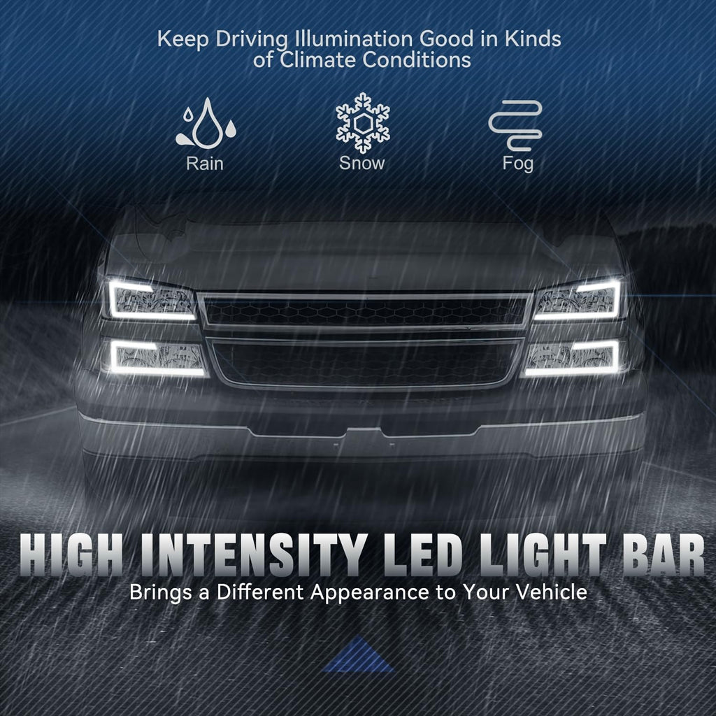 Auto Dynasty 4PCS LED DRL Headlight Lamps Compatible with Chevy Silverado Avalanche 1500 2500 3500 03 04 05 06 / Chevy Silverado Classic Models 07, Driver and Passenger Side, Chrome Housing Clear Lens