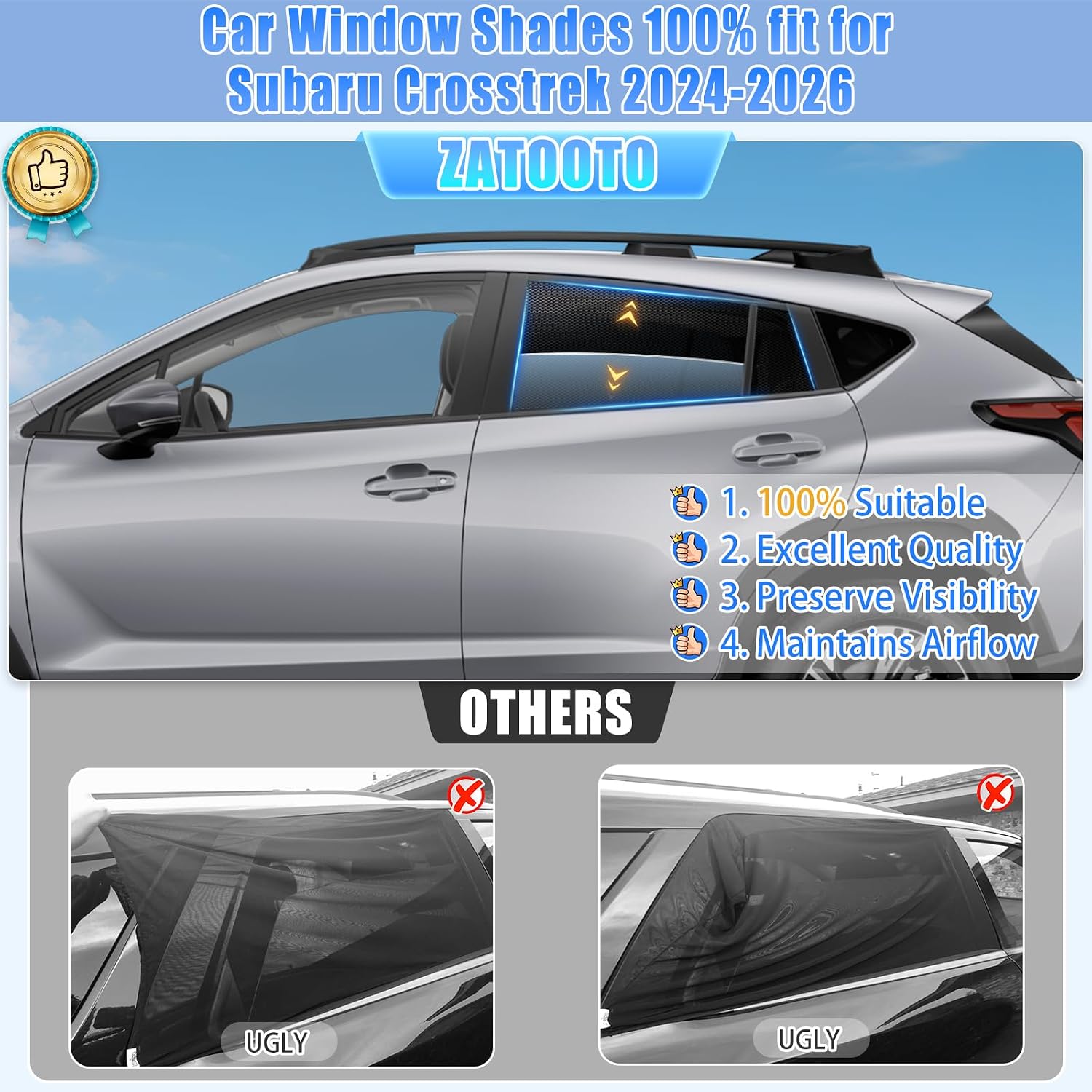 ZATOOTO Car Window Shades Crosstrek 2024-2026 for Rear Window 2Pack car Shades for Back Windows Baby & Pet | Blocks 99% UV Rays & Heat | Breathable Mesh for Privacy & Bug Protection | Camping & Trave
