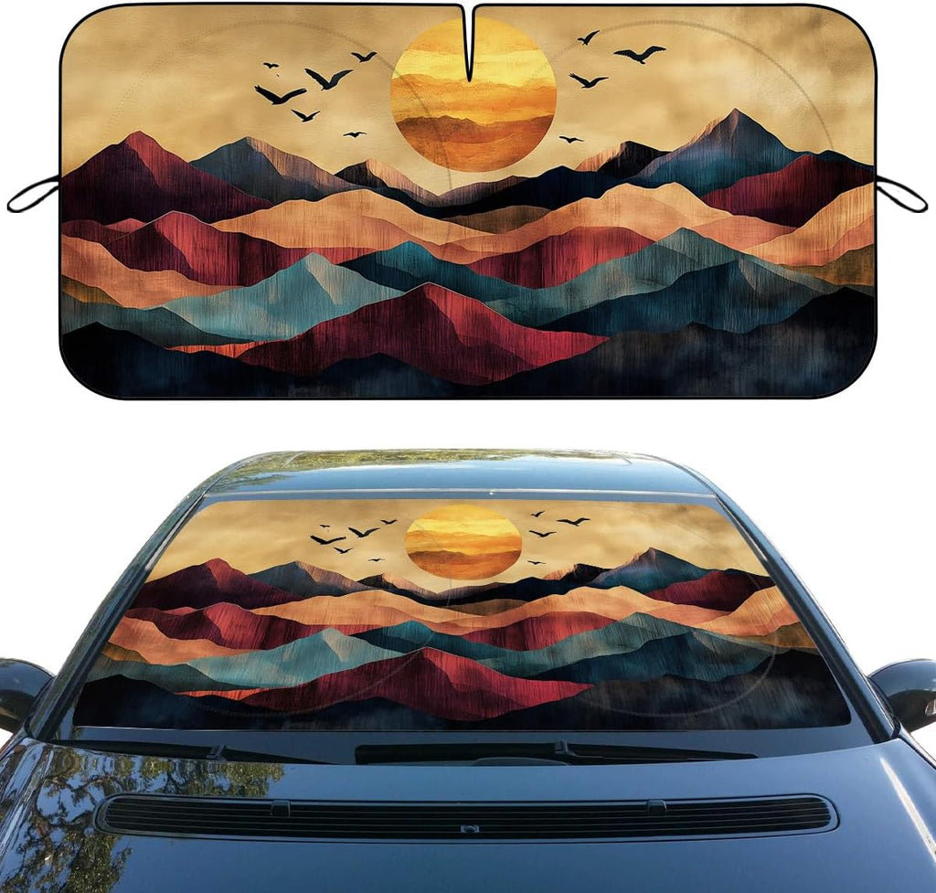 Sunset Mountains Car Windshield Sunshades Abstract Art Landscape Birds Sun Front Window Sun Shade Blocks UV Rays Sun Visor Protector for Car Sedan Truck SUV Accessories 59" X 31"