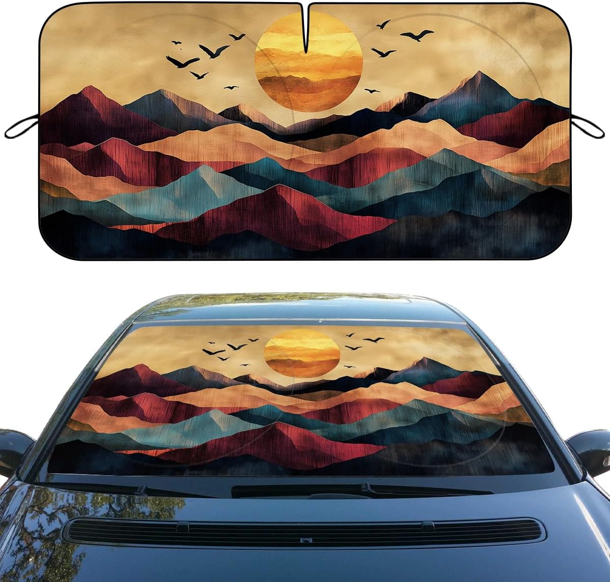 Sunset Mountains Car Windshield Sunshades Abstract Art Landscape Birds Sun Front Window Sun Shade Blocks UV Rays Sun Visor Protector for Car Sedan Truck SUV Accessories 59" X 31"