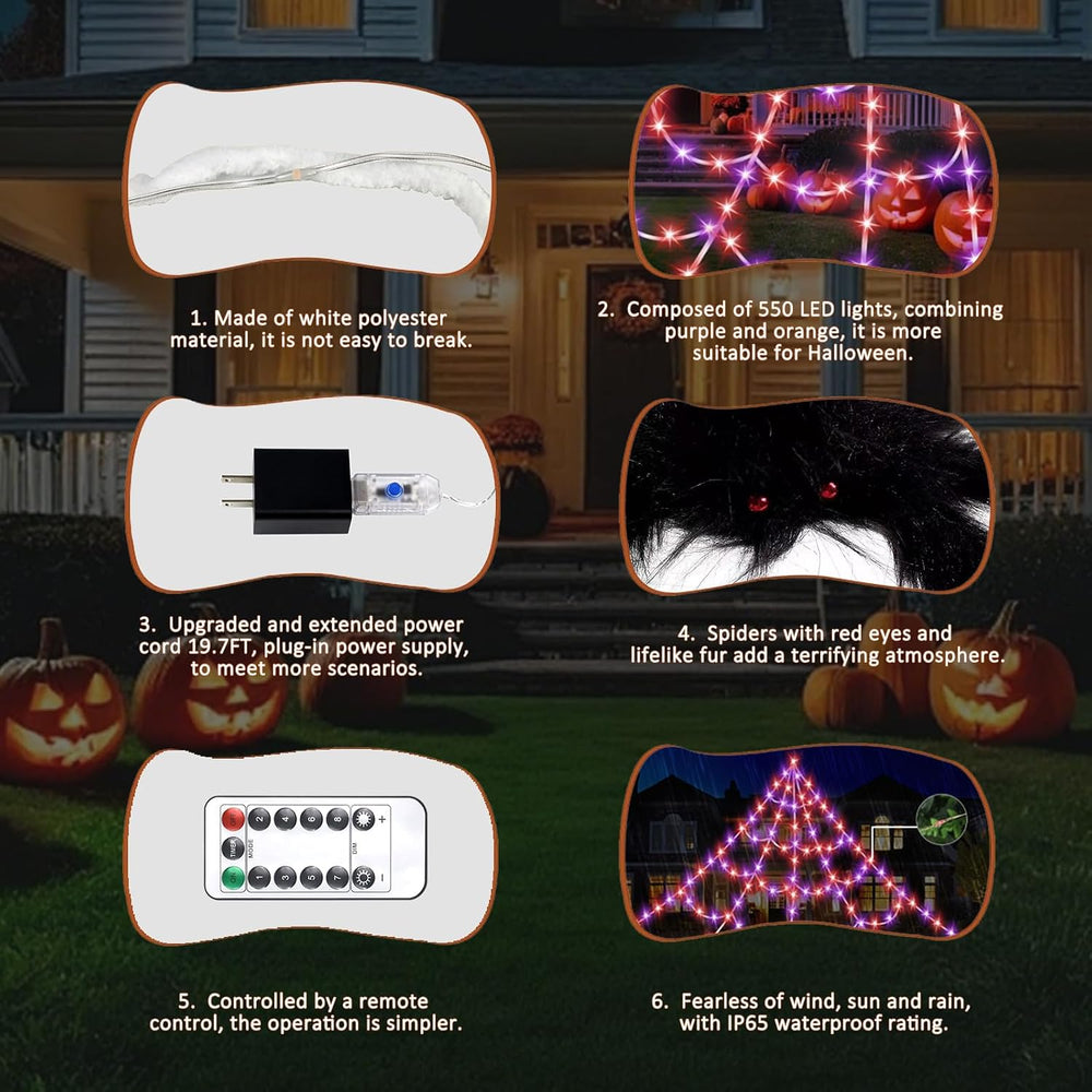 Halloween Spider Web Lights 550 LED Lighted Spider Web 16.4Ft Giant Halloween...