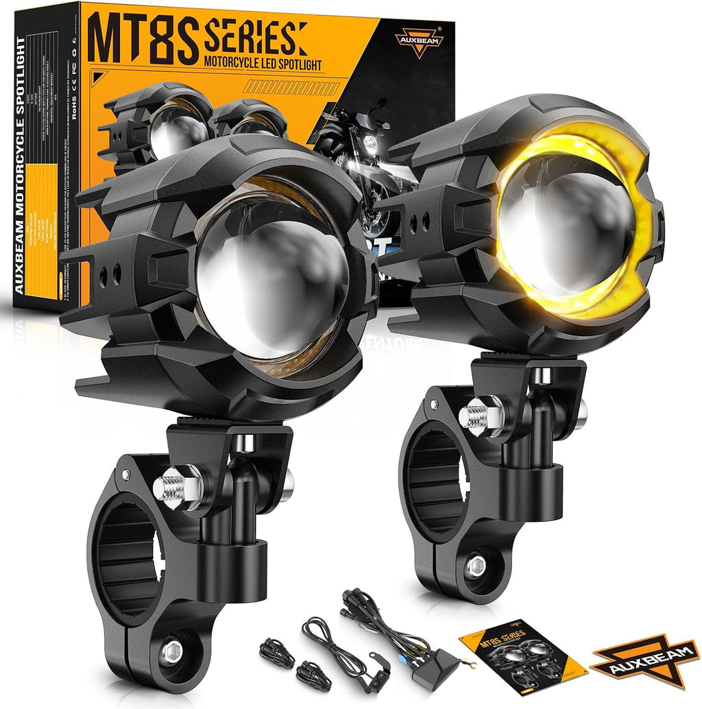 Auxbeam Motorcycle Auxiliary Lights Fog Lights LED Driving Light Spotlight with Halo DRL, White/Amber 8 Modes Dual-Color Strobe LED Offroad Work Lights for Motorcycle SUV ATV Trucks