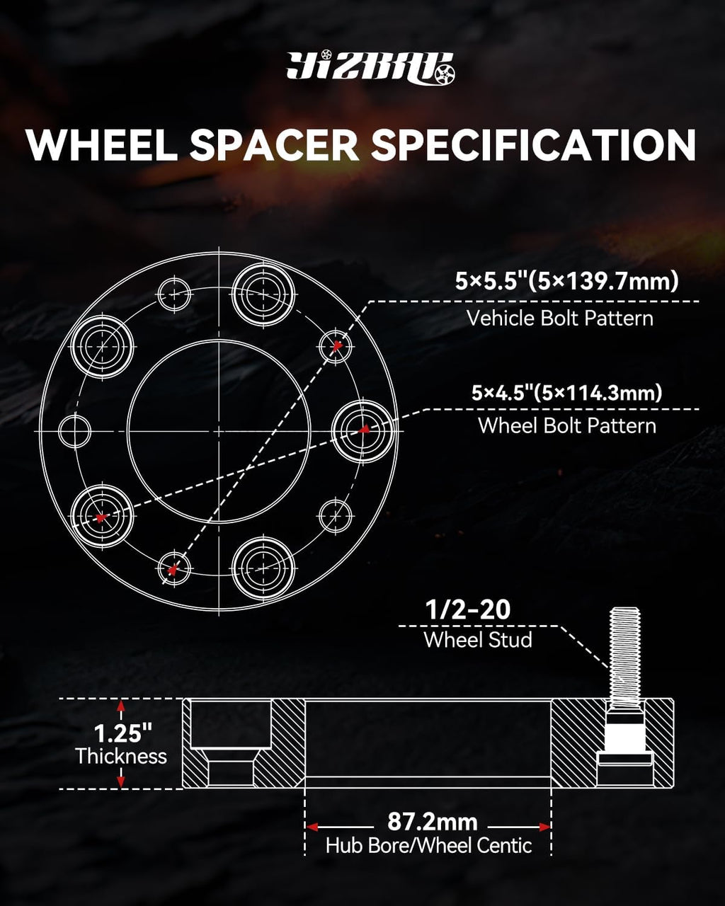 YIZBAP 5x5.5 to 5x4.5 Wheel Adapter, 1.25 inch 5x139.7mm to 5x114.3mm Wheel Adapters 87.1mm Hub Bore with 1/2-20 Thread Pitch