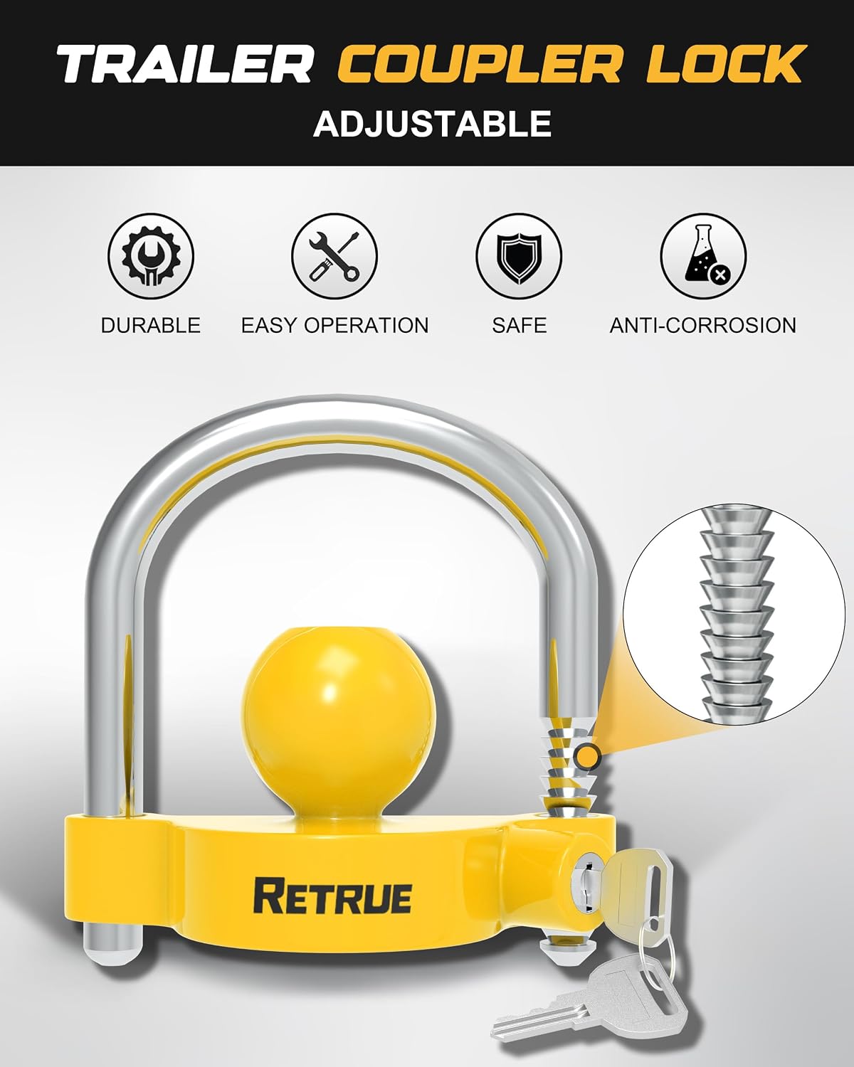 RETRUE Universal Coupler Lock Trailer Locks Ball Hitch Trailer Hitch Lock Adjustable Security Heavy-Duty Steel Fits 1-7/8 Inch, 2 Inch, 2-5/16 Inch Couplers, Bright Yellow, Light Weight