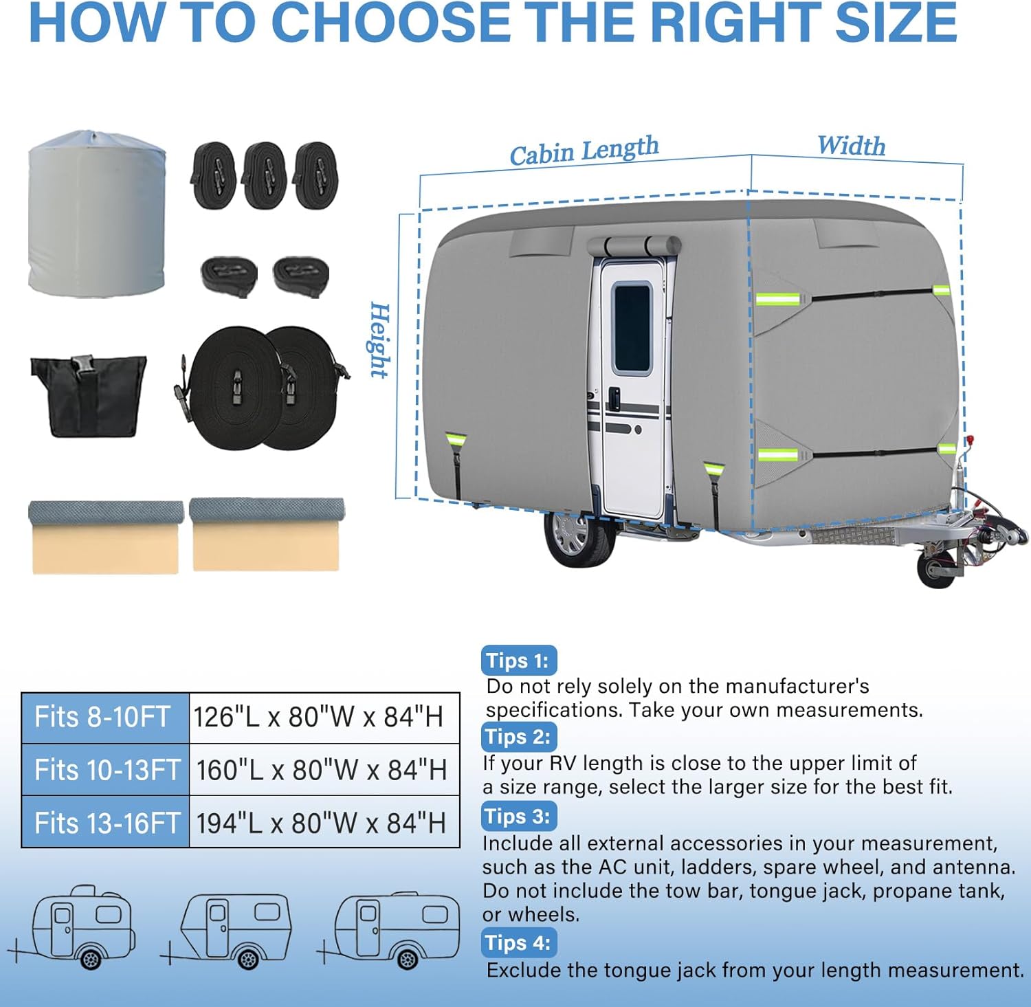 Fiberglass Travel Trailer Cover, Upgraded 8 Layers Top Fits 11 to 13 Feet Trailers, Waterproof Camper Cover, RV Cover with Extra Windproof Ropes, Adhesive Repair Patche
