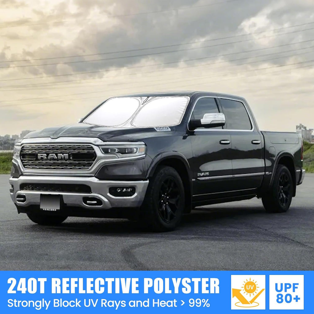 Foldable Sun Shade WODSTA Full Coverage Windshield Sunshade Compatible with Ram 1500 2019-2025 All Model 4-Layer Thickened Windows Visor 240T Polyester Windshield Sun Shade