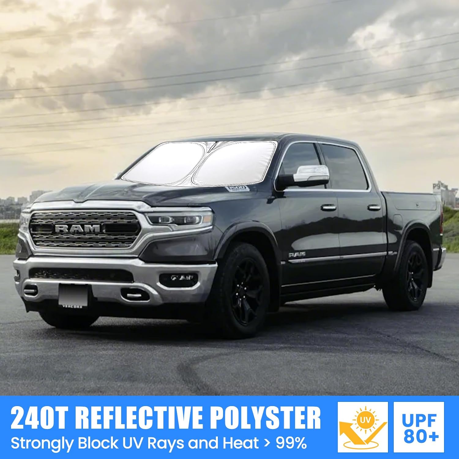 Foldable Sun Shade WODSTA Full Coverage Windshield Sunshade Compatible with Ram 1500 2019-2025 All Model 4-Layer Thickened Windows Visor 240T Polyester Windshield Sun Shade