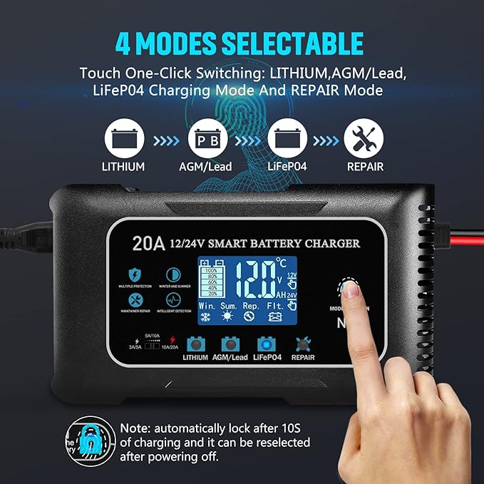 20-Amp Lifepo4 Lithium AGM Gel Smart Battery Charger, 12V/20A 24V/10A Trickle - Image 3