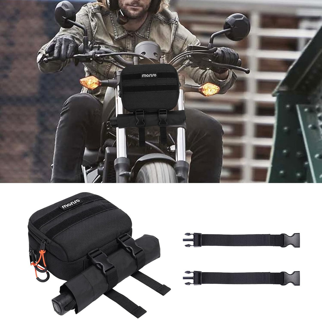MOSISO Motorcycle Handlebar Bag, Universal Motorcycle Bag for Motor cycle Front Fork, Portable Motor cycle Tool Bags Motorbike Storage Accessory Pouch with Shoulder Strap, Black