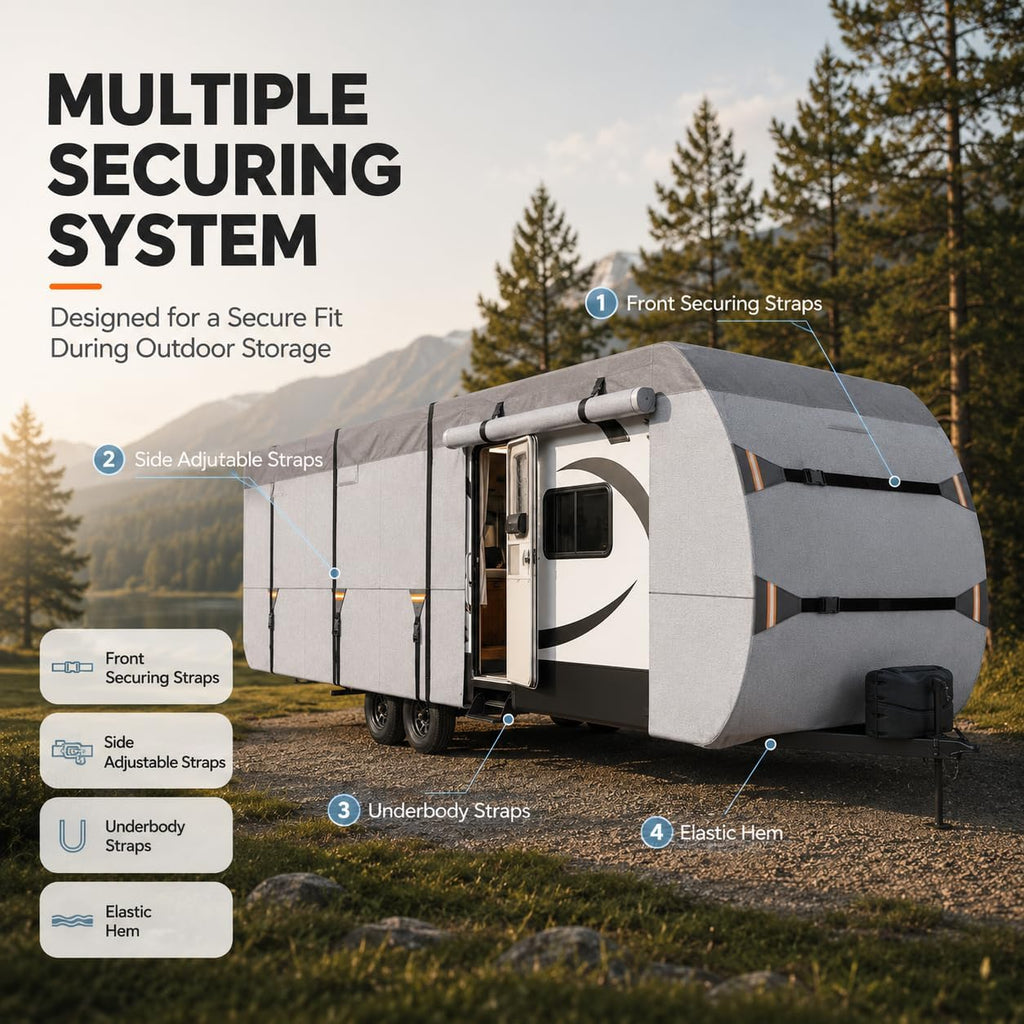 Travel Trailer RV Cover for 2012 Crossroads Zinger 32QB, Nonwoven Fabric with Water Resistant Construction, Air Vents, Adjustable Straps for Outdoor Storage