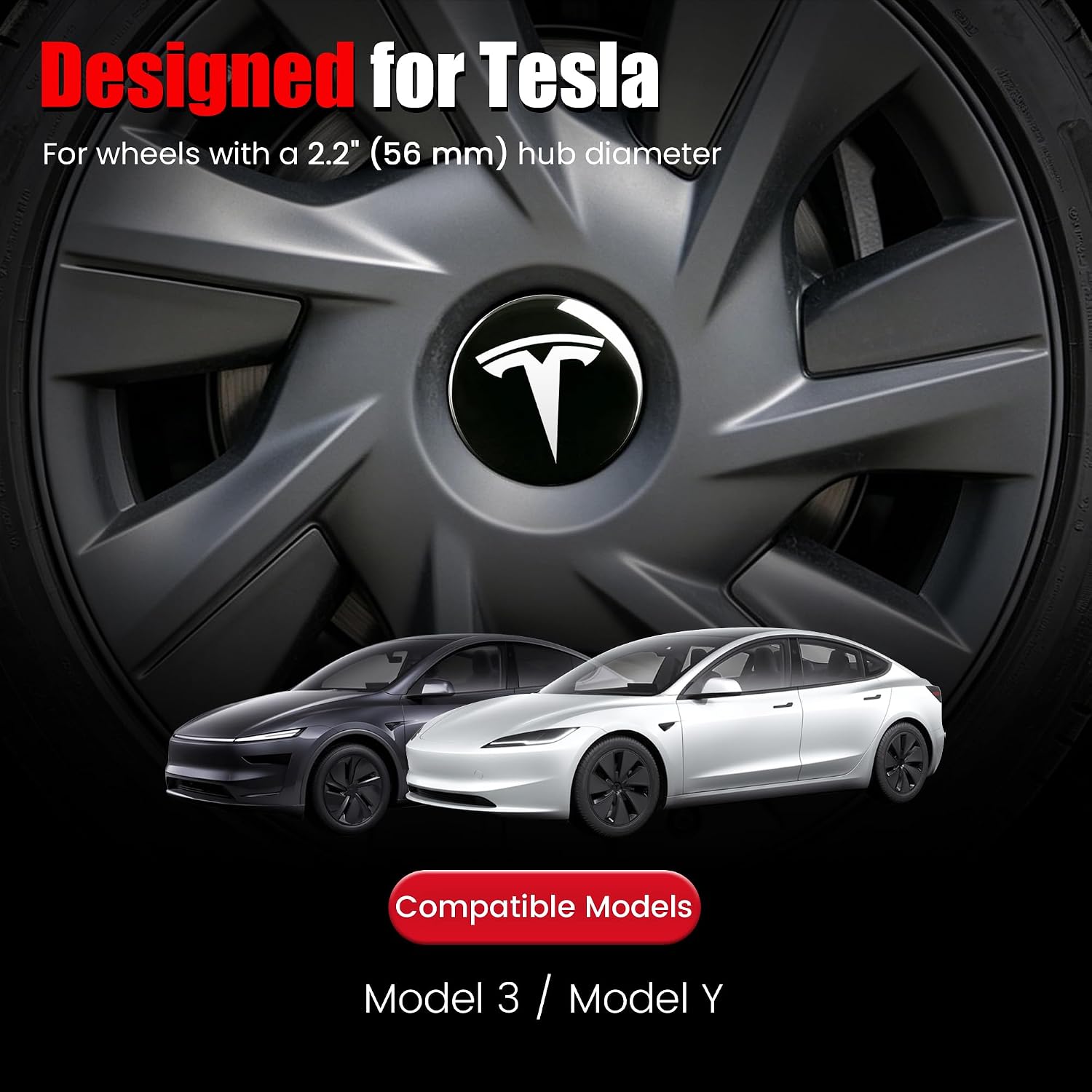 4 PCS Wheel Center Hub Cap Sticker for Model 3 / Model Y, Wheel Rim Cover 2.2” Center Cap Sticker Compatible for Tesla Hubcaps with Logo Emblem, Waterproof Adhesive Backing, Black & White
