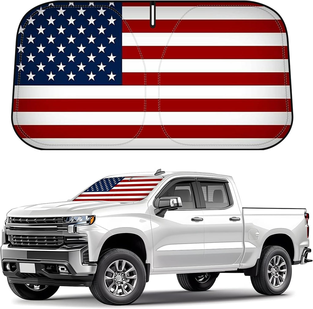 D-Lumina Windshield Sun Shade American Flag for 2019-2025 Chevy Silverado 1500 Accessories, Front Window Sunshade Sun Visor Protector Sun Shield Block UV Rays Heat, Foldable 2 Layers 210T Material
