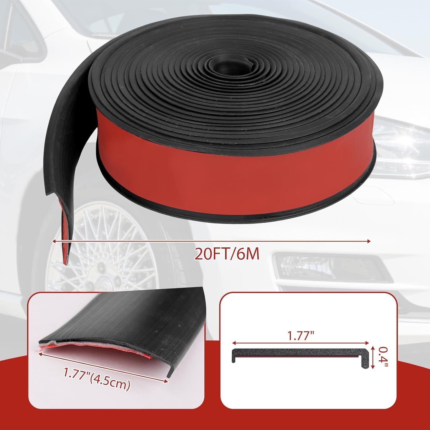 4.5CM x 20FT Universal Car Wheel Arch Trim - Rubber Fender Flare Protector Edge Guard, Self-Adhesive Anti-Scratch Lip Strip for Cars & Trucks, Fender Flare Edge Trim