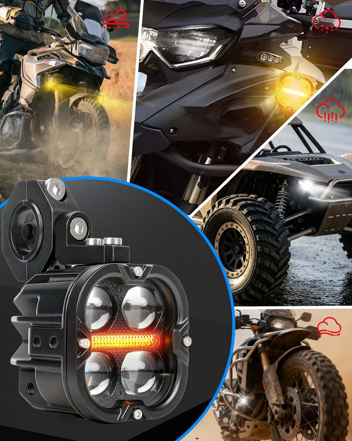 BraveWAY 3 Inch Motorcycle Driving Lights 120W LED Fog Lights with DRL 4 Strobe Modes Amber & White Beams LED Auxiliary Spotlights with Mount Brackets Wire Harness for Motorcycle ATV Night Riding UTV