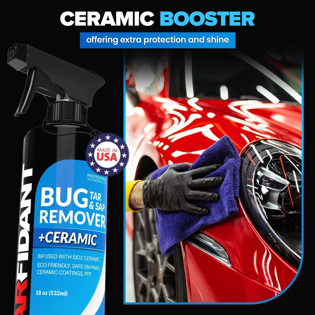Carfidant Bug Remover for Cars Exterior - Car Bug Cleaner Spray with Ceramic Coating - Removes Bug Splatter & Bird Poop - Safe on Paint, Glass, Plastic, Metal - Windshield Pre Wash - 18 fl oz + Sponge