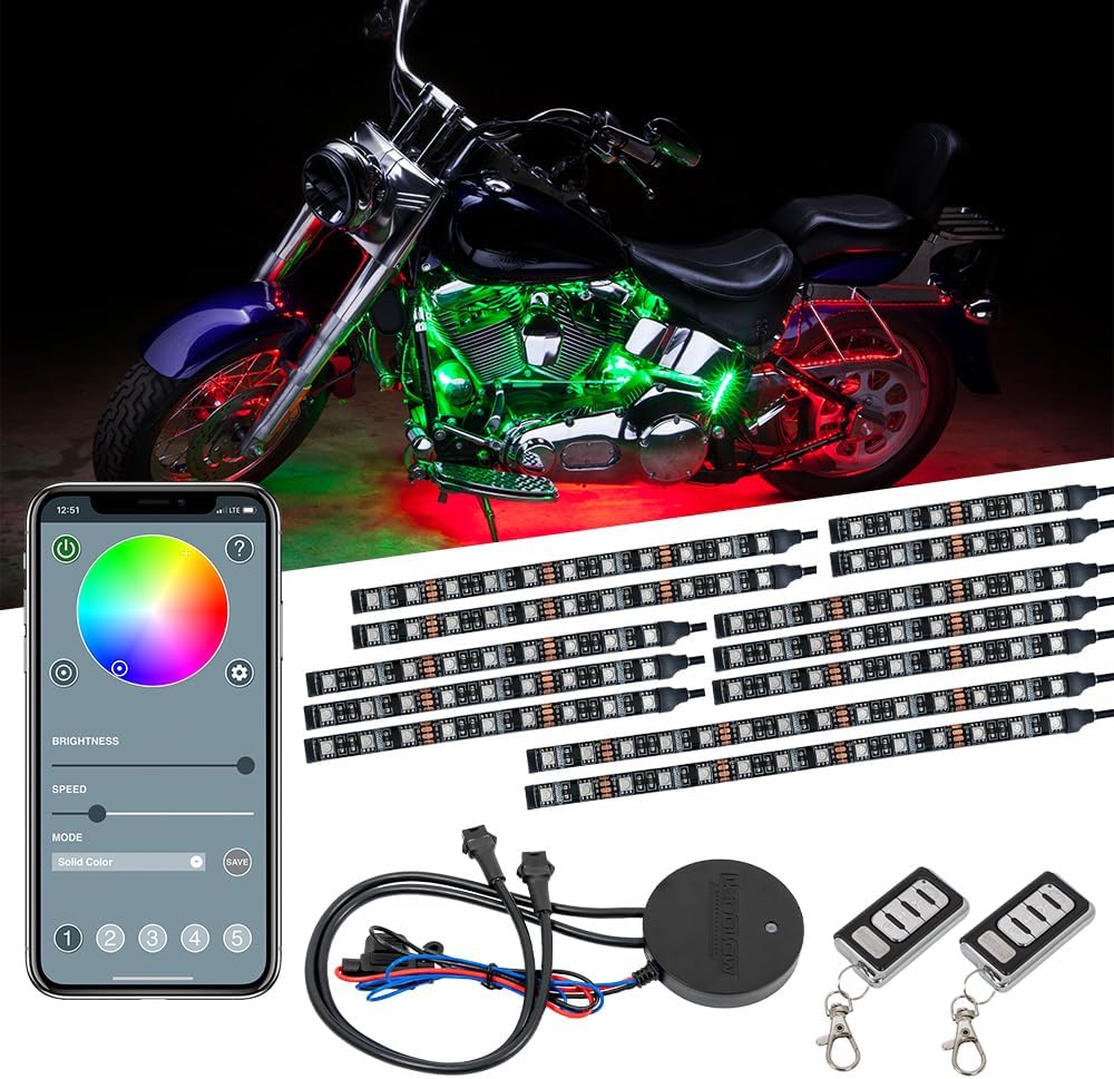 LEDGlow 12pc Bluetooth Advanced Million Color LED Motorcycle Accent Underlow Lighting Kit - Smartphone App - Dual Zone & Brake Lights Feature - Waterproof Control Box - Multi-Color Flexible Strips