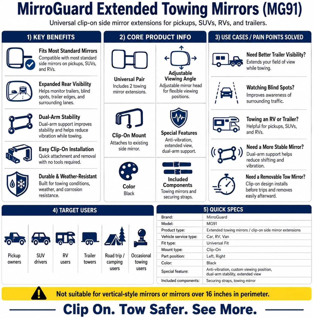 MG91 Dual-Arm Towing Mirrors for Trucks, SUVs, RVs & Trailers | Dual-arm support with extra securing straps and a rubber strap helps reduce vibration on highways and rough roads. Black.
