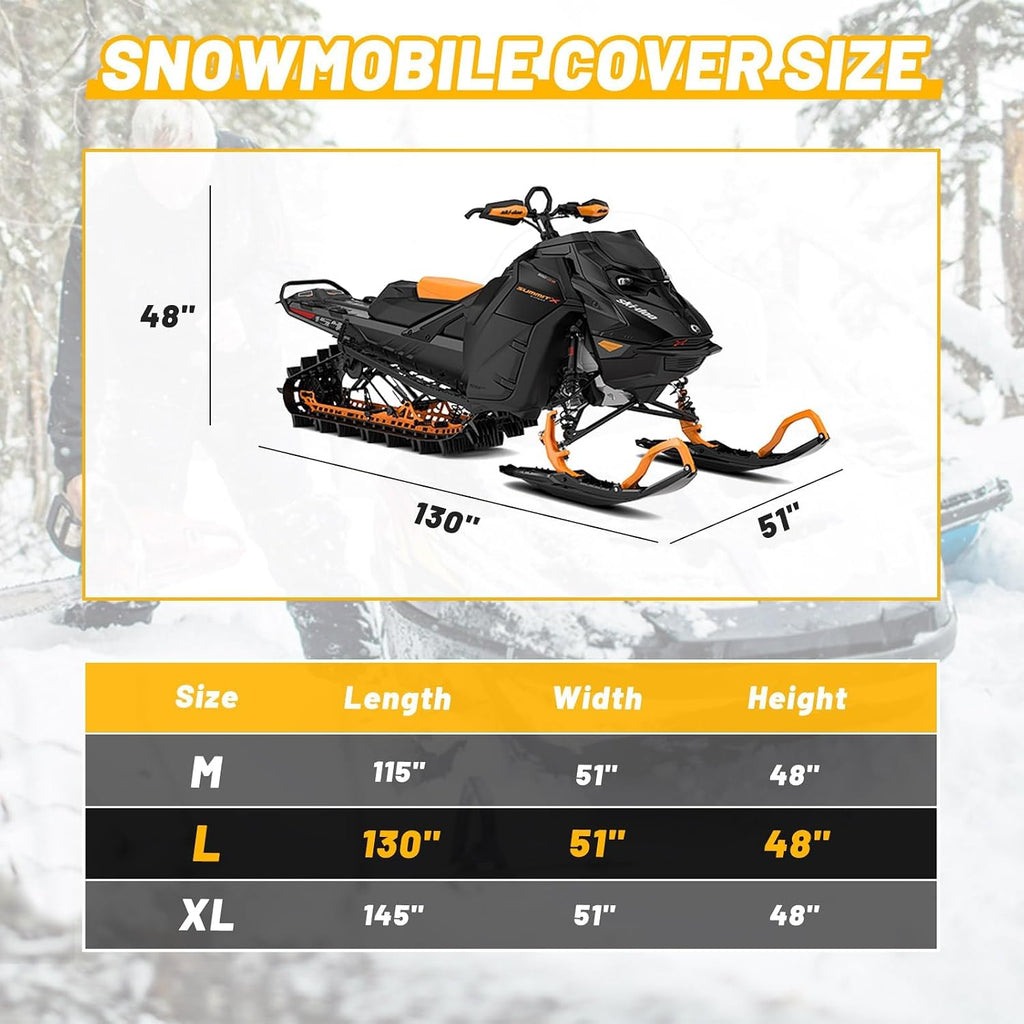 Trailerable Waterproof Snowmobile Cover, Compatible with Polaris Ski Doo Arctic Cat Yamaha, Windproof Snowshield Cover with Windproof Buckles (130''L × 51''W × 48''H) Black and Orange