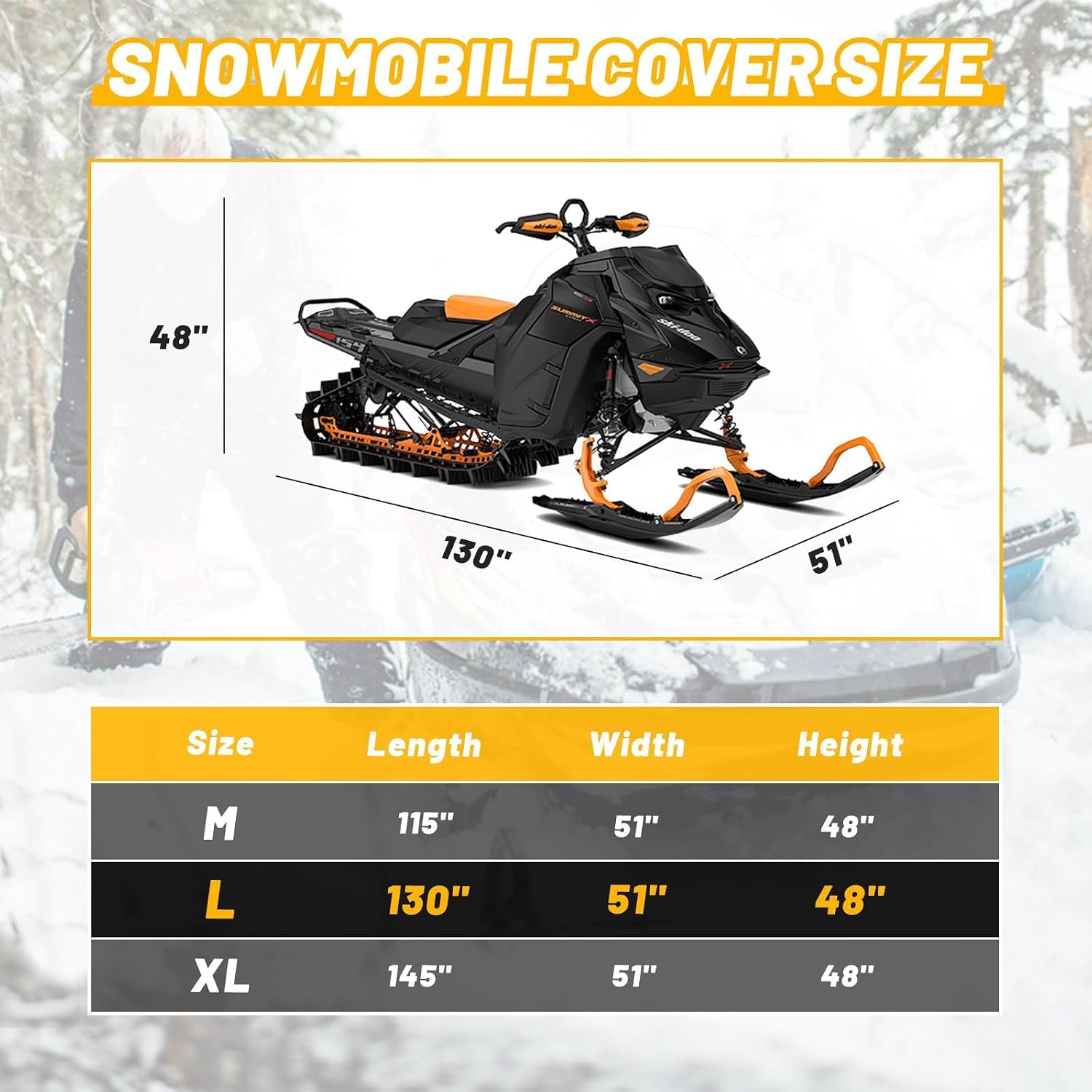 Trailerable Waterproof Snowmobile Cover, Compatible with Polaris Ski Doo Arctic Cat Yamaha, Windproof Snowshield Cover with Windproof Buckles (130''L × 51''W × 48''H) Black and Orange