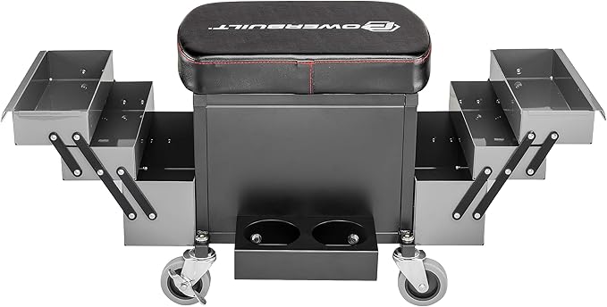 Powerbuilt Rolling Seat with Expandable Tool Trays, Roller Toolbox Garage Stool - Image 4