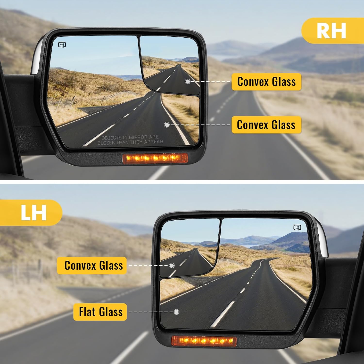 Side Mirrors Ford F150 2004-2014 Towing Mirror with Dynamic Turn Signal Light Power Glass Puddle Lamp Heated Manual Folding Pair Set, Chrome