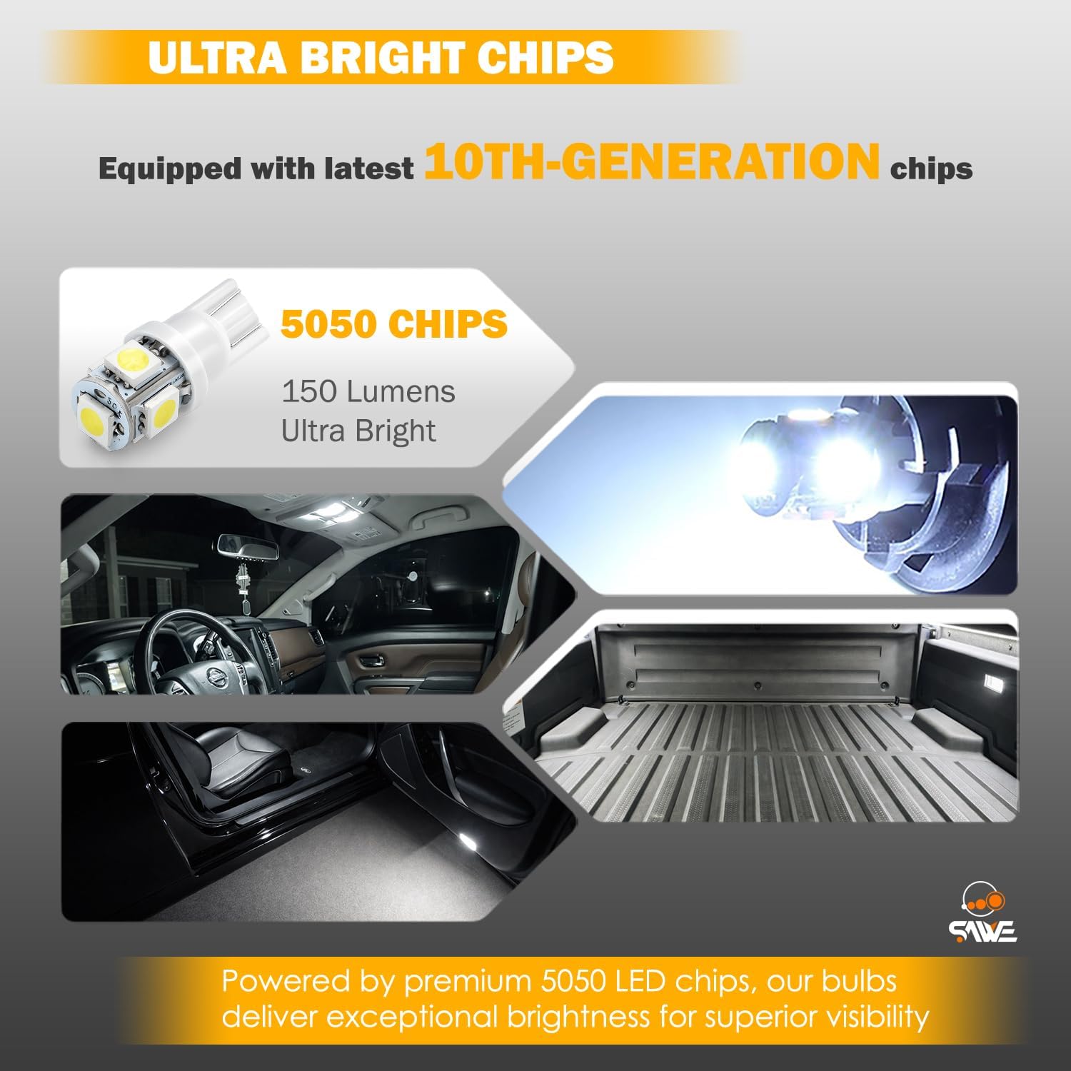 T10 168 194 2825 LED Bulb 5SMD White License Plate Dome Map Light 20pc | 6000K 192 2821 W5W 147 5050 5-SMD Interior LED Bulb for Door Step Footwell Trunk RV Canbus Error Free