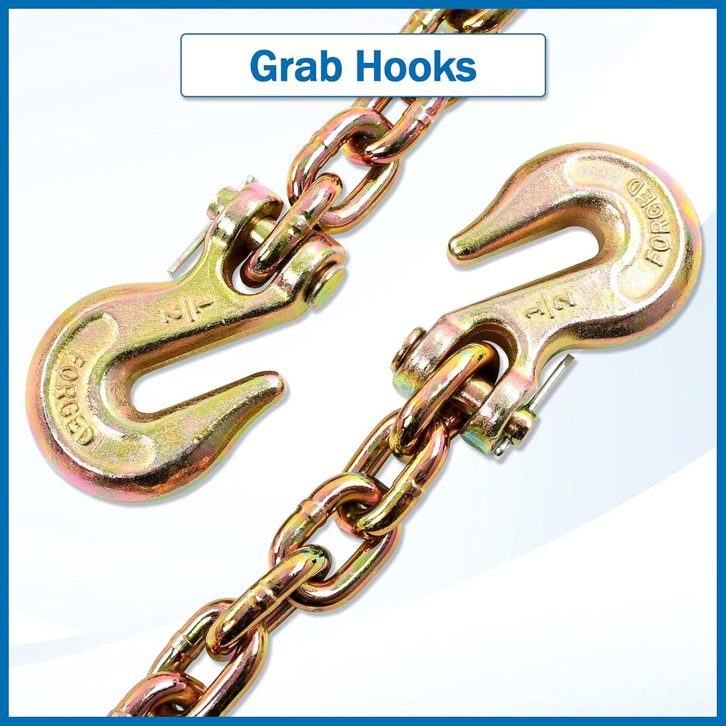 1/2 Inch x 20 Feet Transport Binder Chain G80 Safey Tow Chain with Grab Hooks 12000 Lbs Safe Work Load for Transporting Towing Tie Down Binding Equipment