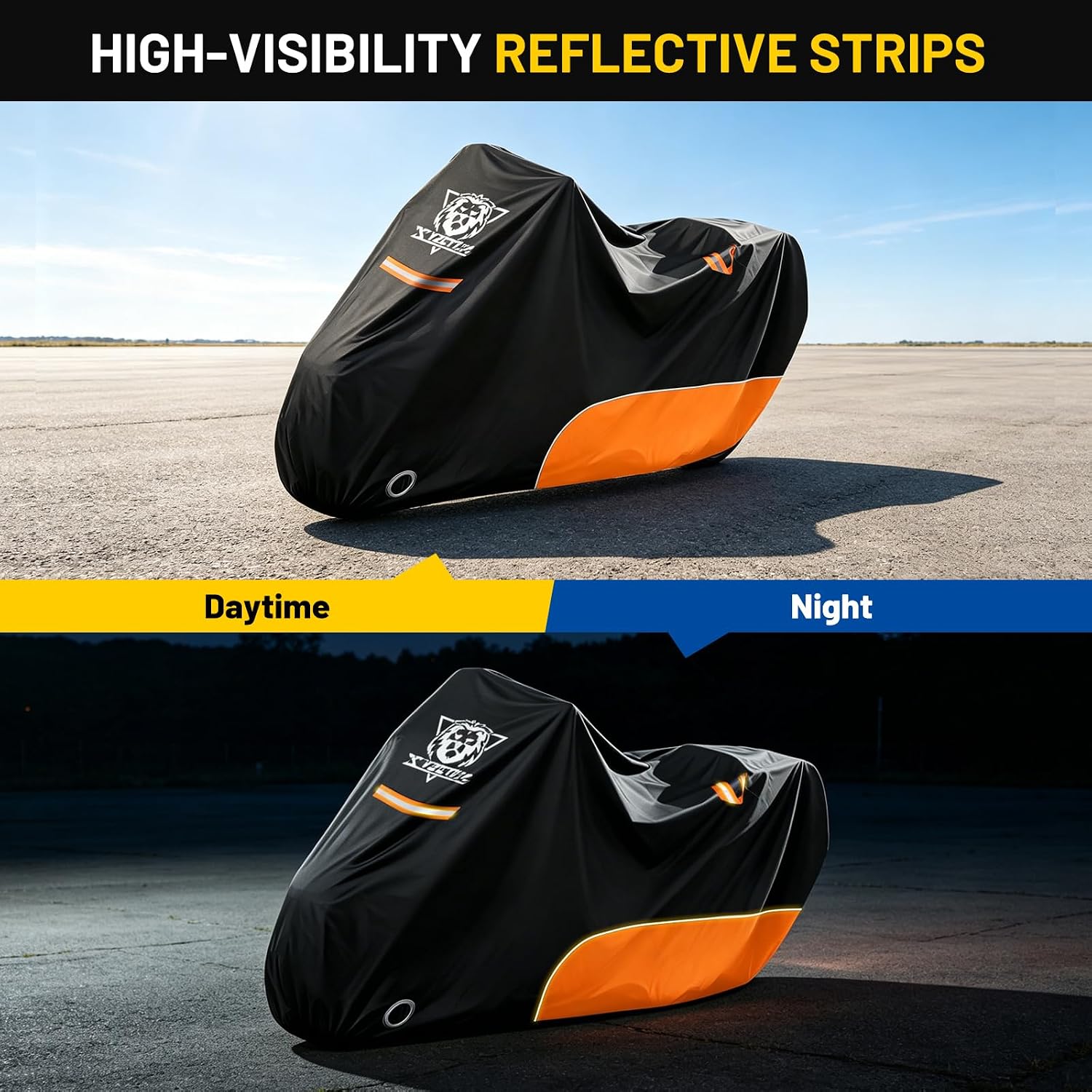 XYZCTEM Motorcycle Cover All Season Waterproof Outdoor Protection, Fit up to 116 Inch Tour Bikes, Choppers and Cruisers – Protect Against Dust, Debris, Rain and Weather (Black and Orange)