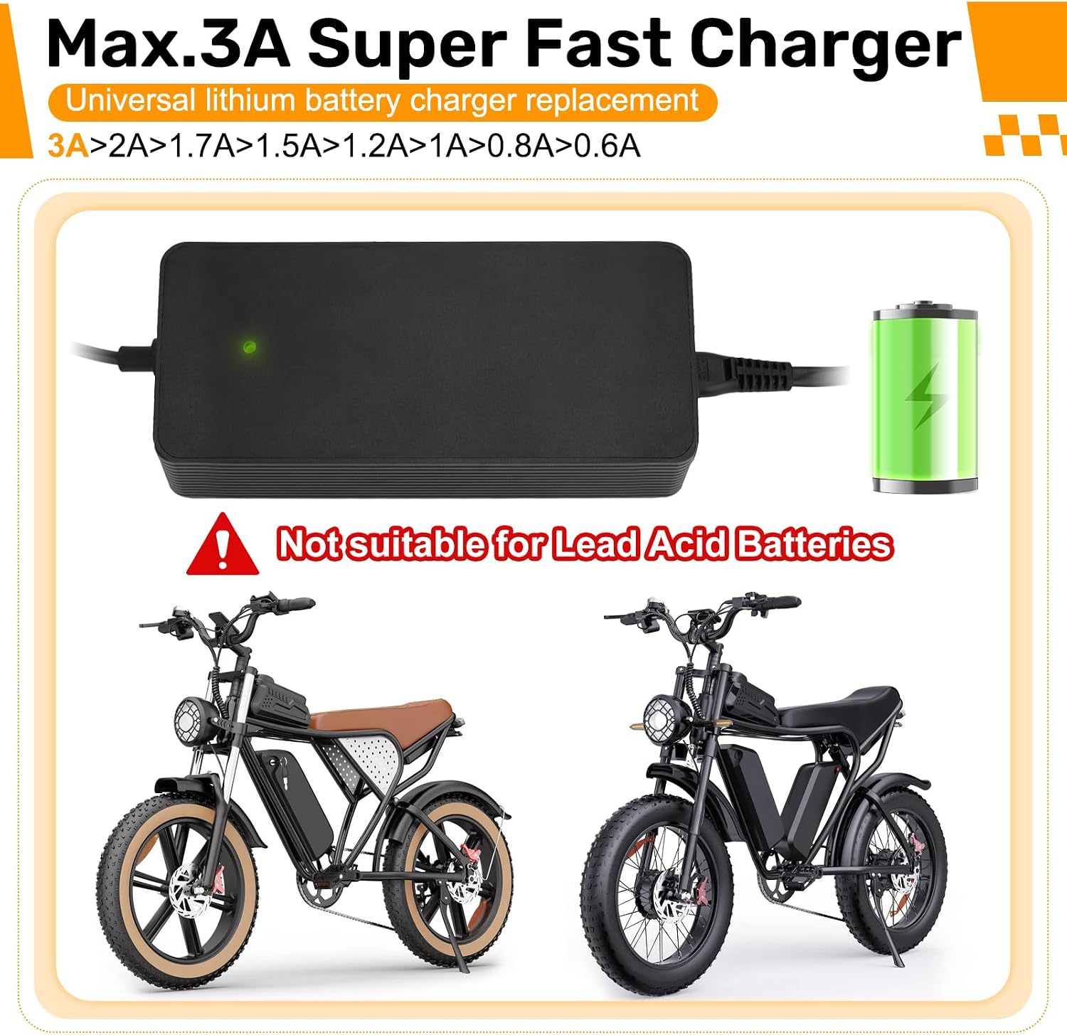 UL Certified Upgraded Fast Charging 3-Pin 48V 3A Battery Charger for Q20 Ridstar & YVY E-Bike, Battery Power Adapter, Waterproof & Moisture-Proof & Protection Against Overcurrent Charger Part