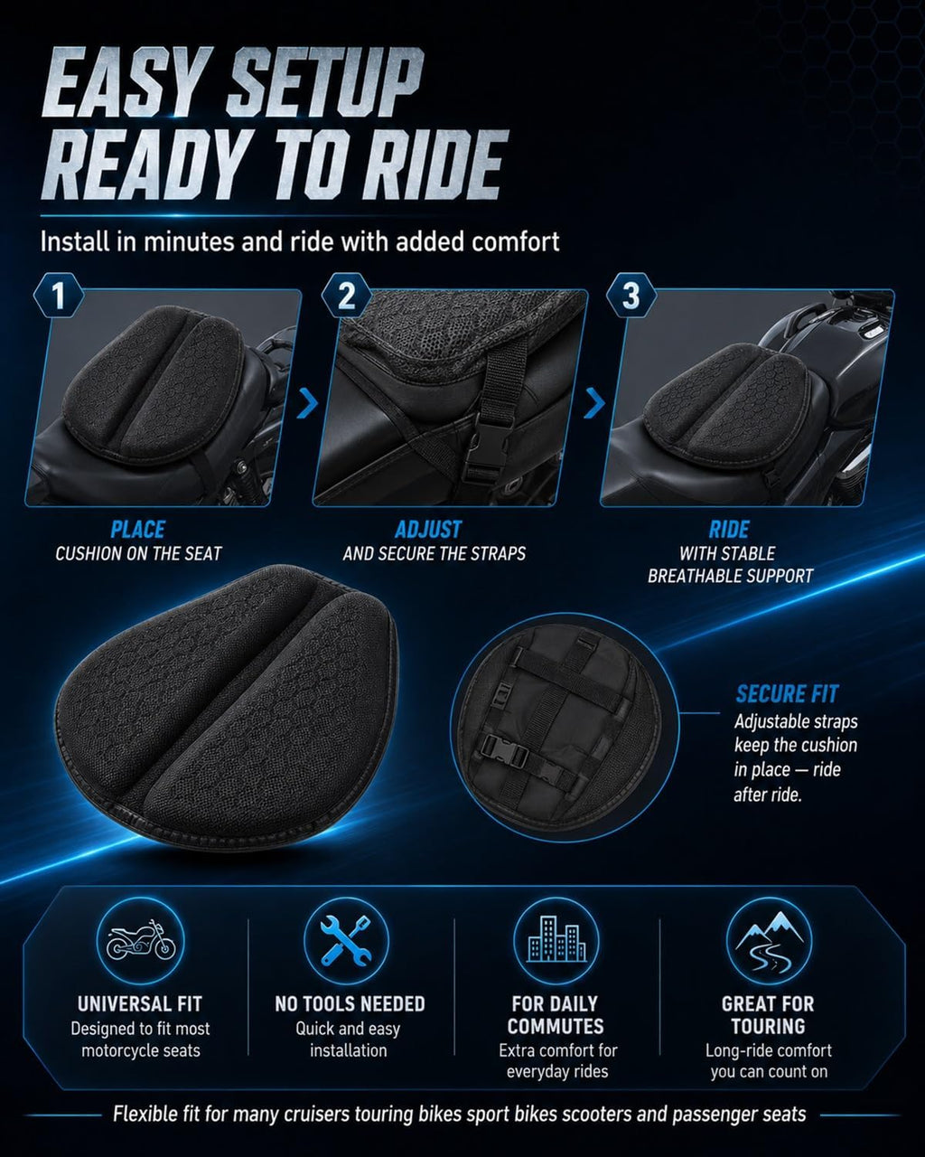 Motorcycle Seat Cushion Gel Pad Passenger Breathable Shock Absorption Waterproof 3D Honeycomb Rider Universal Long Rides Touring Comfort Anti Slip Pressure Relief Soft Durable Cover(Style A)