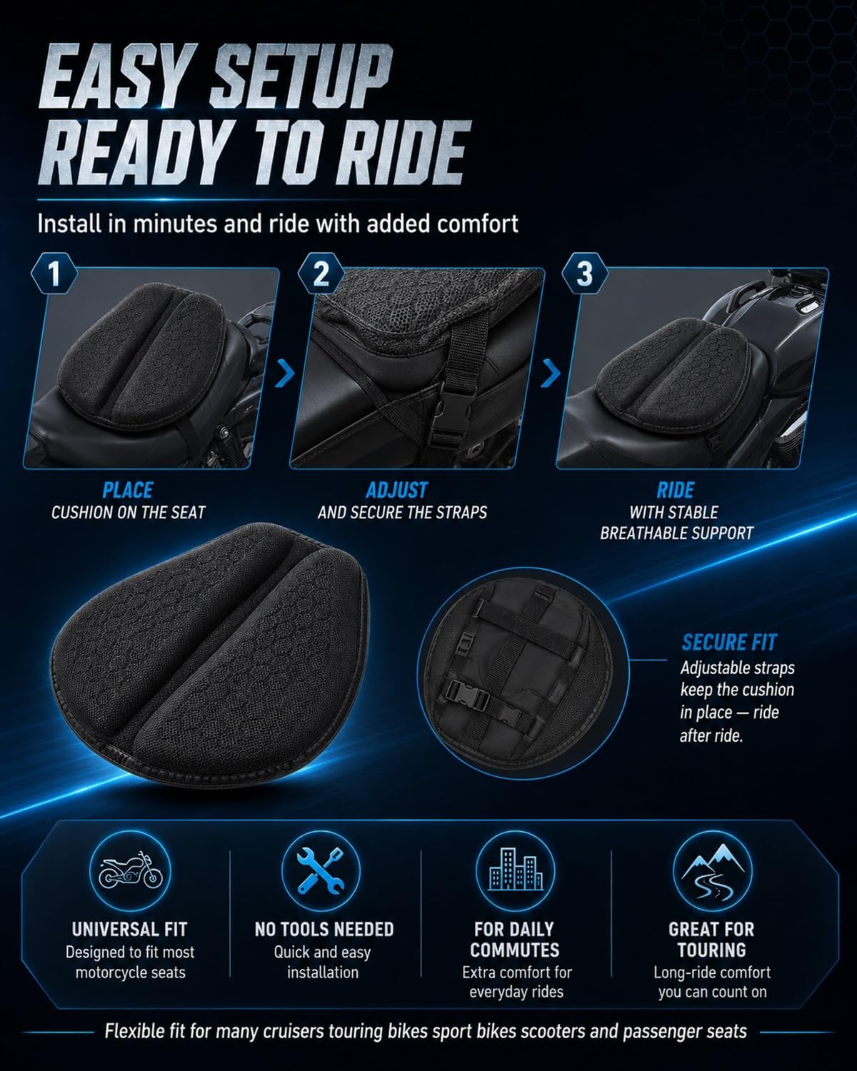 Motorcycle Seat Cushion Gel Pad Passenger Breathable Shock Absorption Waterproof 3D Honeycomb Rider Universal Long Rides Touring Comfort Anti Slip Pressure Relief Soft Durable Cover(Style A)
