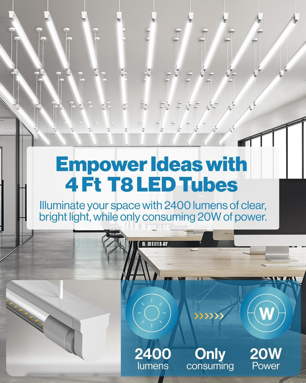 Sunco 70 Pack T8 LED Tubes 4FT Replacement for Fluorescent Bypass Ballast or Plug and Play 20W 2400 LM 5000K Daylight Ballast Compatible Single Ended or Double Ended Hybrid Type A+B Clear Lens ETL